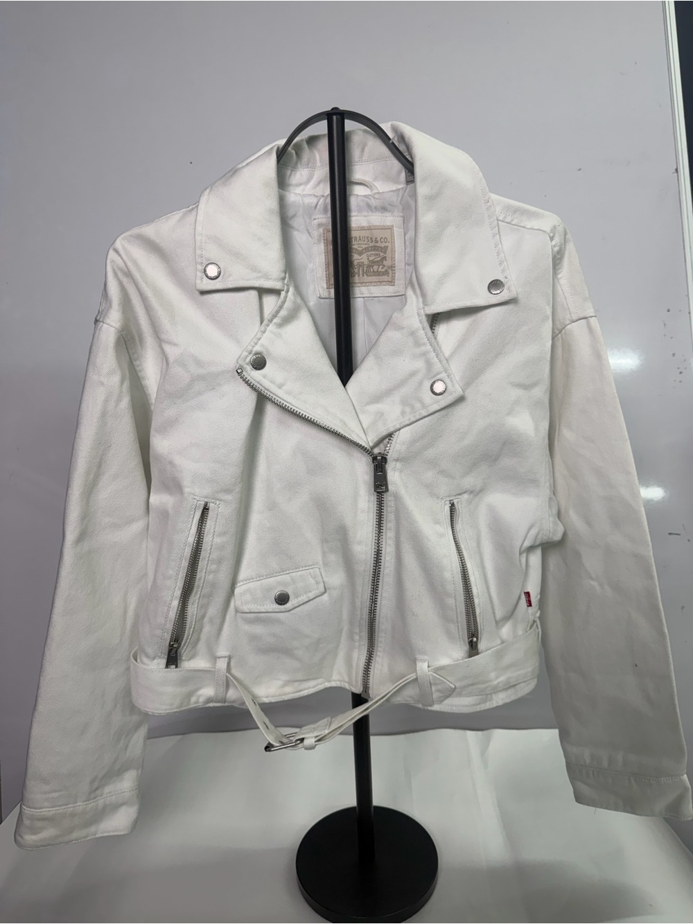 Levi's White Women's Denim  Moto Jacket with Belted Hem